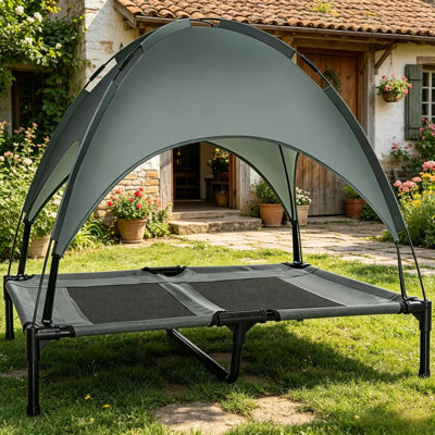 Lit surélevé d'extérieur pour chien avec auvent amovible anti-UV, grand lit surélevé de 91 cm (36 pouces) avec filet respirant, lit pliable pour chien avec sac de transport pour jardin, terrasse et camping