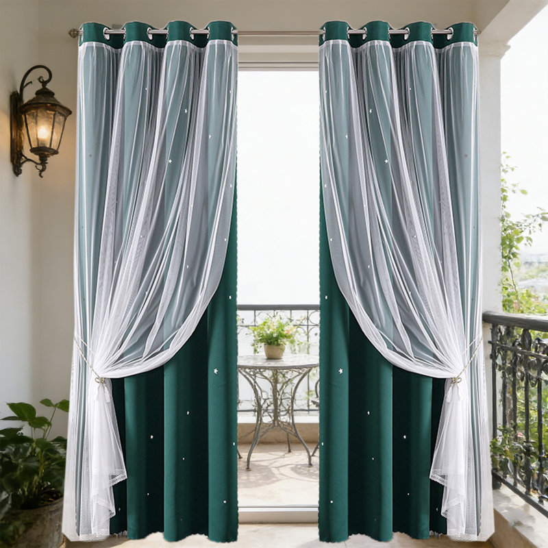 Kbndieu 84in Double Layer Star Lace Blackouts Curtains 2-in-1 Sheer Star Patterns with Blackouts Liner Thermal Insulated Curtains for Bedroom Living Room