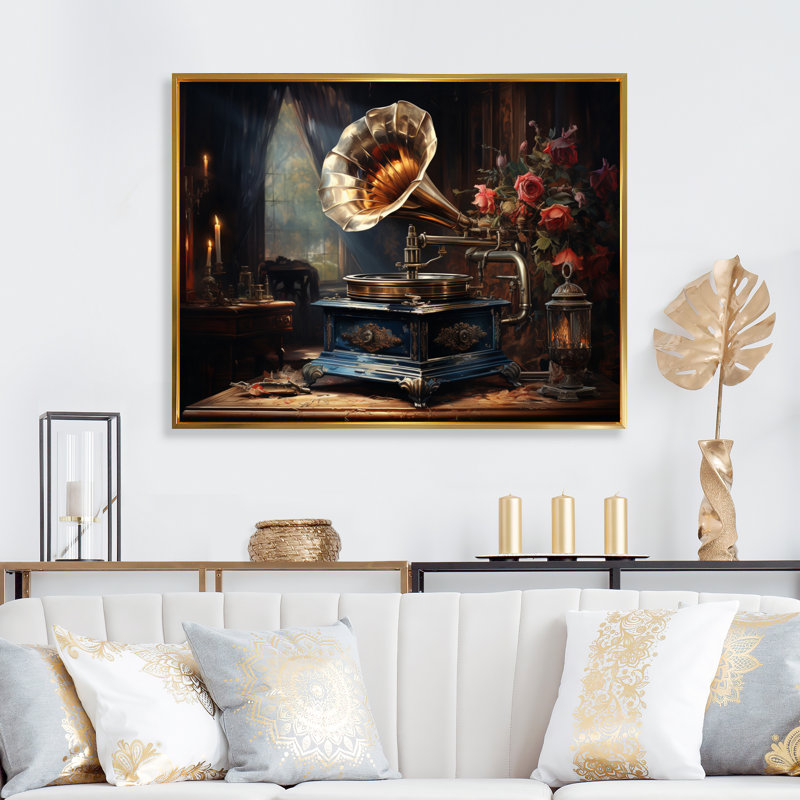 «Gold Black Phonographs», impression sur toile, Cadre flottant doré, H 16 po x l 32 po x P 1 po