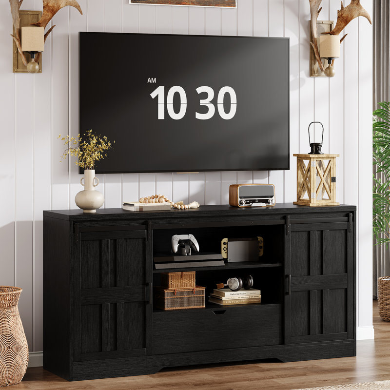 Farmhouse Tv Stand With Sliding Barn Doors & Adjustable Shelves For Tvs Up To 65 70 75" – Black, Black