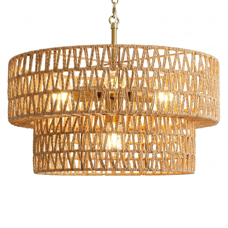 Boho Rattan Chandelier 4-Light Pendant with 2-Tier Wicker Shade, Farmhouse Hanging Light for Dining Room