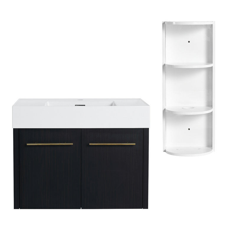 30 Inch Wall-Mounted Bathroom Vanity With Sink And Storage Rack, Thick Edged Resin Basin, KD-Package