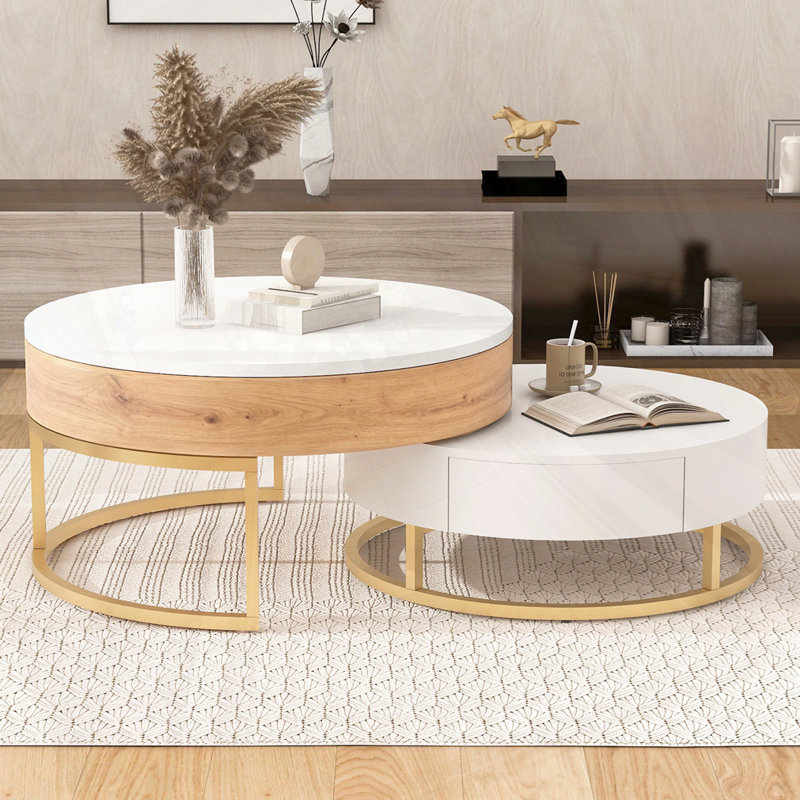 Tables basses gigognes Modern Modern, Bois de chêne naturel / blanc antique, Doré