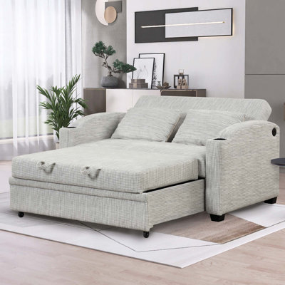 Canapé-lit escamotable avec dossier réglable, 2 coussins, porte-gobelets, ports USB