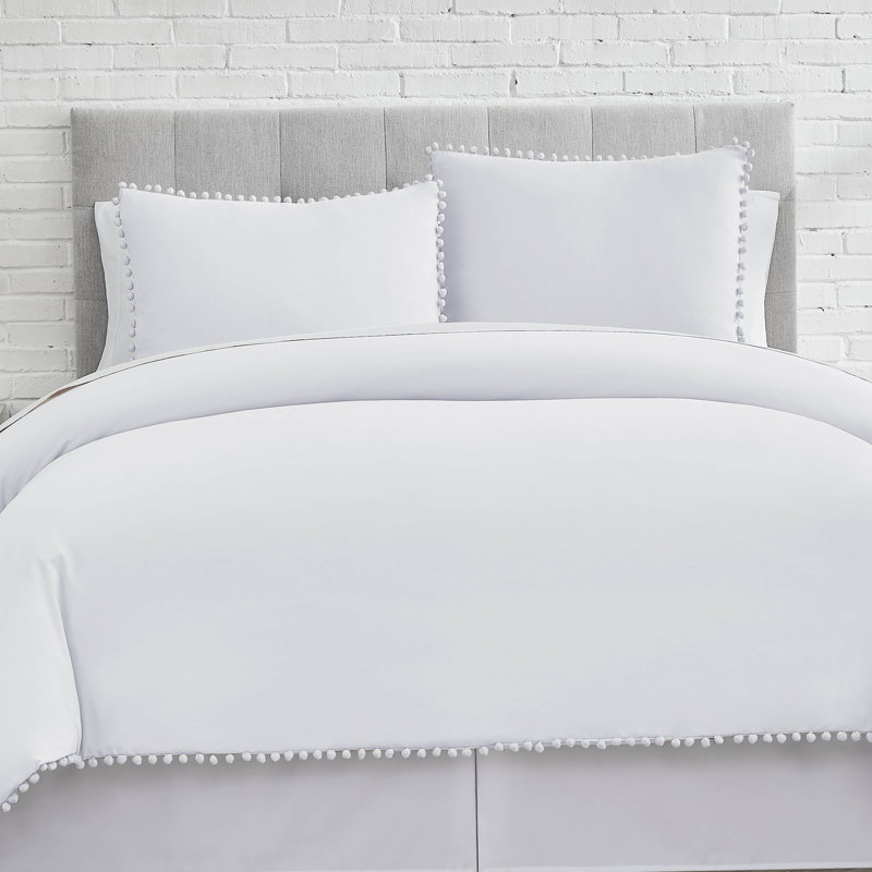Literie 2 pièces Southshore Fine Linens Pom-Pom blanche, 1 place/1 place XL, avec 1 taie d'oreiller standard, en microfibre douce prélavée et bordure à pompons