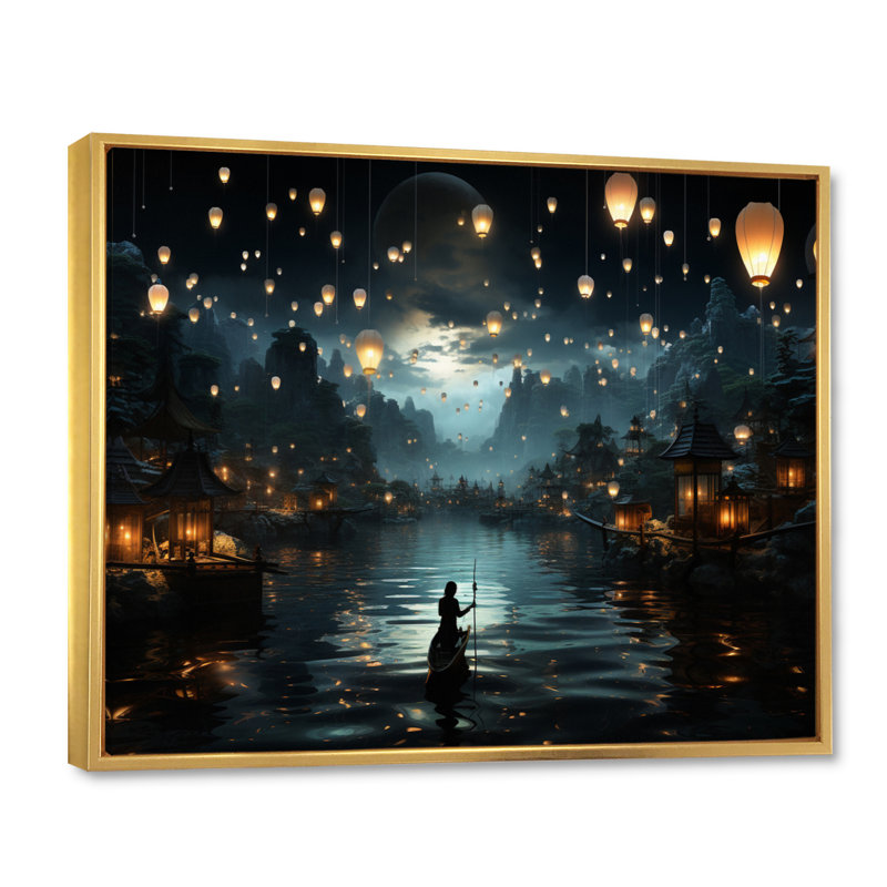 Japon Art Sea Of Lanterns I - Japanese Wall Art Living Room, H 24 po x l 32 po x P 1 po, Cadre flottant doré