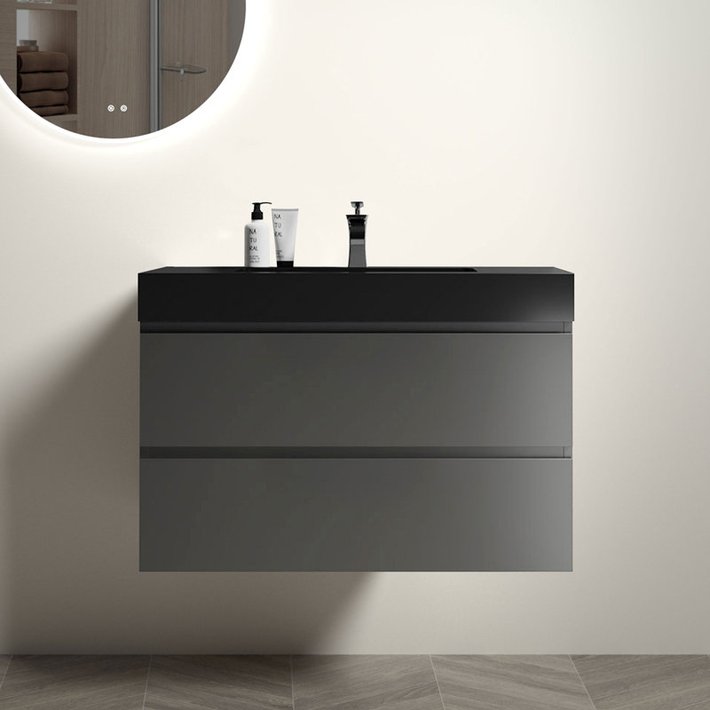 Meuble-lavabo de salle de bain flottant mural, Noir, Gris
