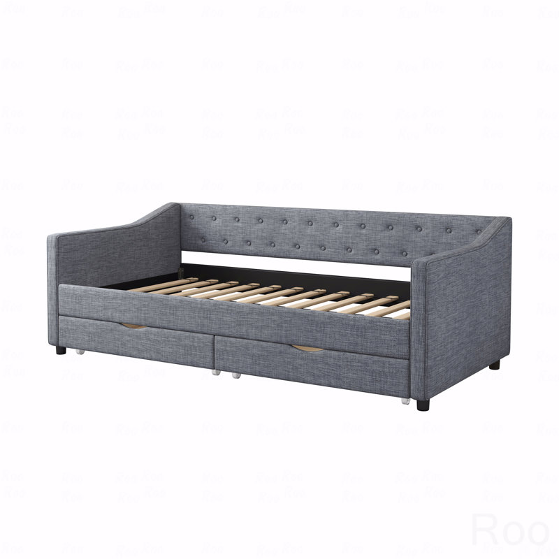 Upholstered Daybed, Twin Size Daybed With Drawers Tufted Sofa Bed, With Button On Back And Piping On Waved Shape Arms, Twin