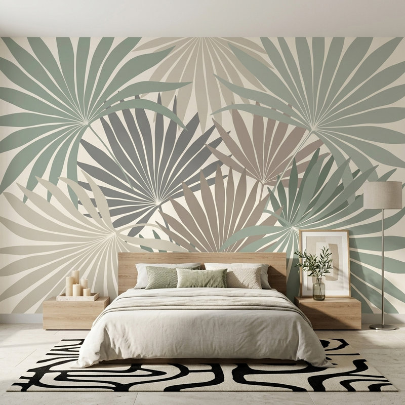 Décoration murale amovible à motif de feuilles de palmier sur fond blanc, 100 po x 96 po, Non tissé