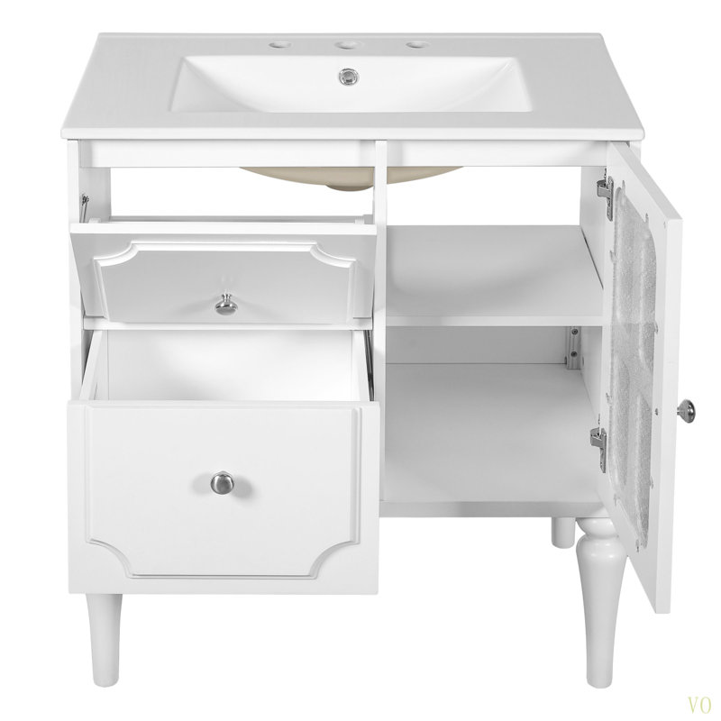 Meuble-lavabo de salle de bain de style rétro avec lavabo en céramique 30 po, meuble-lavabo simple autoportant avec 2 tiroirs, armoire de rangement en bois massif