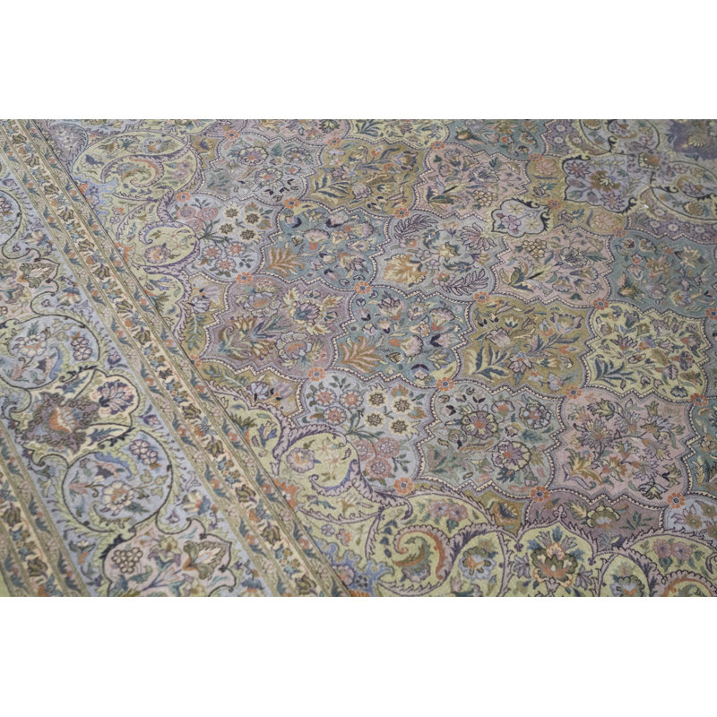 Tapis vert olive et bleu clair noué à la main de haute qualité