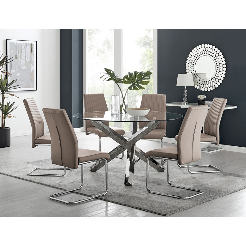 Vogo Modern Design Chrome and Glass Dining Table Set with 6 Upholstered Faux Leather Dining Chairs, Cappuccino