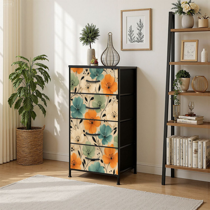 Commode à 4 tiroirs avec rangement vertical, fleurs, orange, bleu, crème, fleurs, beige, avec tiroirs en bois