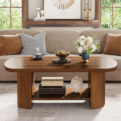 45.27" 2-Tier Oval Mid-Century Rustic Brown Coffee Table With Storage Shelf For Living Room
