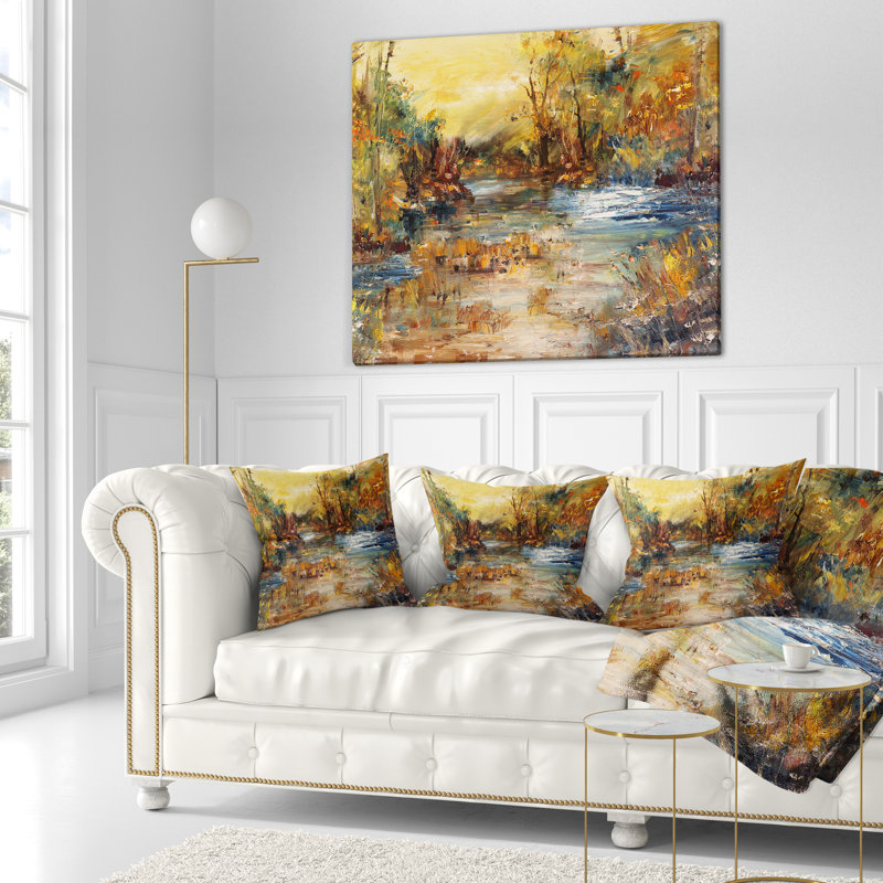 Paysage, paysage de forêt, peinture à l'huile sur coussin, 18 po x 18 po, Coussin décoratif