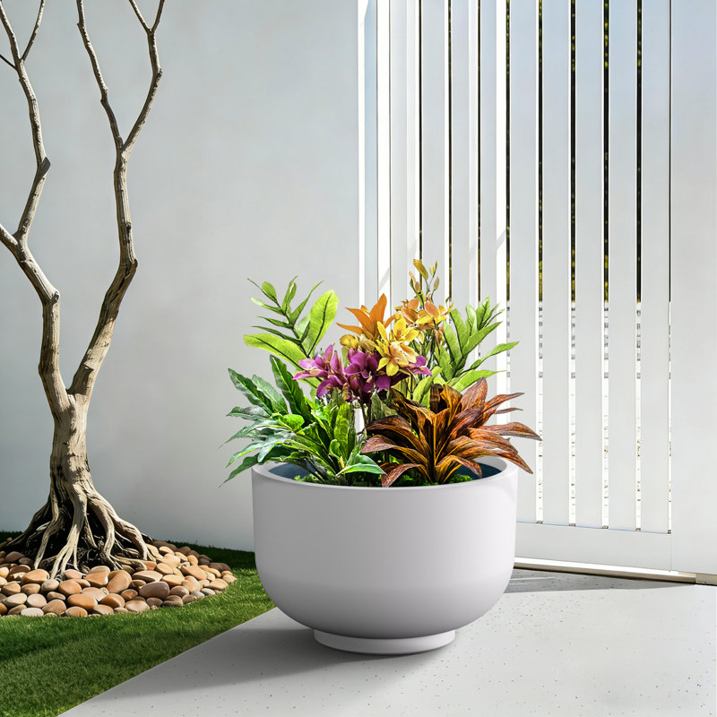 17.5"W x 11.5" H Large Bright White Concrete Planter / Pot Lightweight Planter Bowl with Drainage Holes, Pearl White