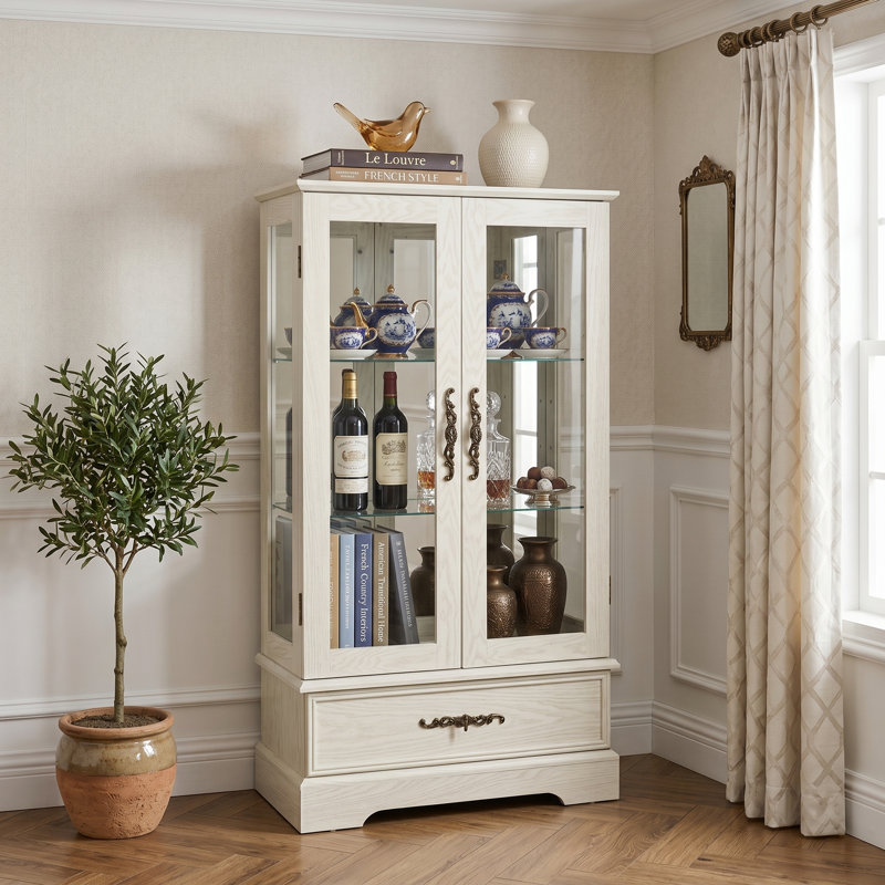 Lighted 2-Door Glass Curio Display Cabinet With Adjustable Shelves, Built-In Drawer, And Included Light Bulb, White