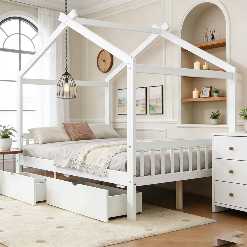 Lit plateforme avec deux tiroirs Wooden House, Blanc, Lit double