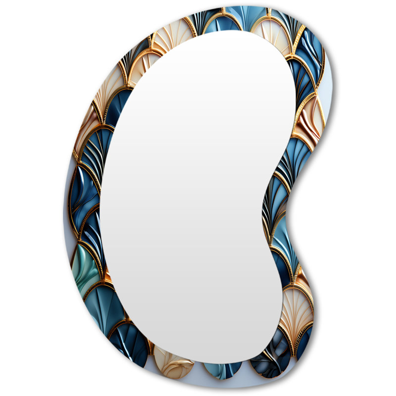 Art Deco Blue Golden Tile Elegance 1 I - Abstract Modern Wall Mirror In Asymmetrical Shapes, 31" x 22"