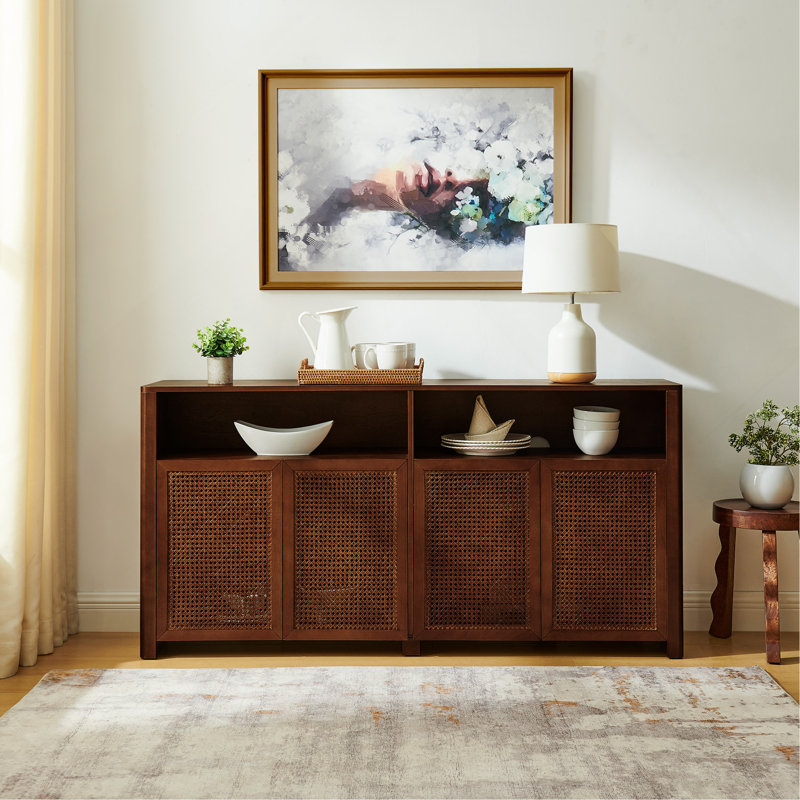 63" Mid Century Modern Rattan Sideboard Buffet Cabinet With Storage, Walnut