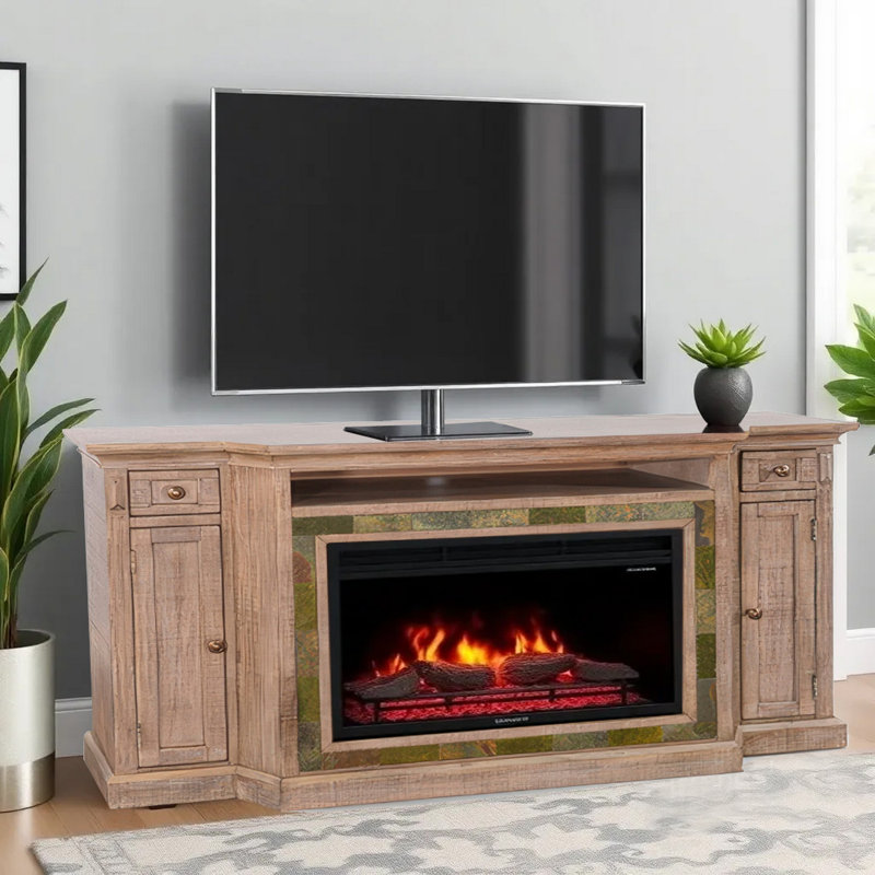 Console multimédia Desy TV, incrustation ardoise, brun clair, 72 pouces