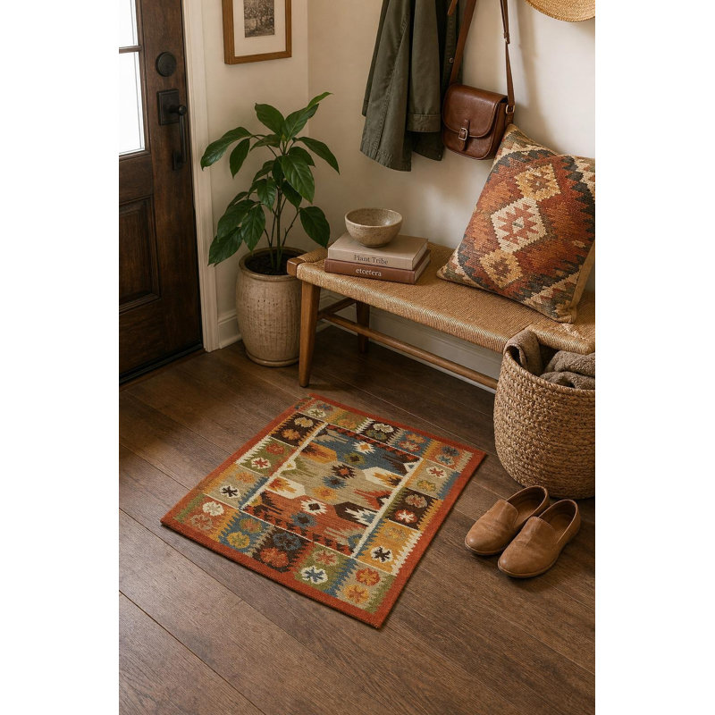 Tapis 100% laine tissé à la main à motif oriental tribal multicolore Southwestern
