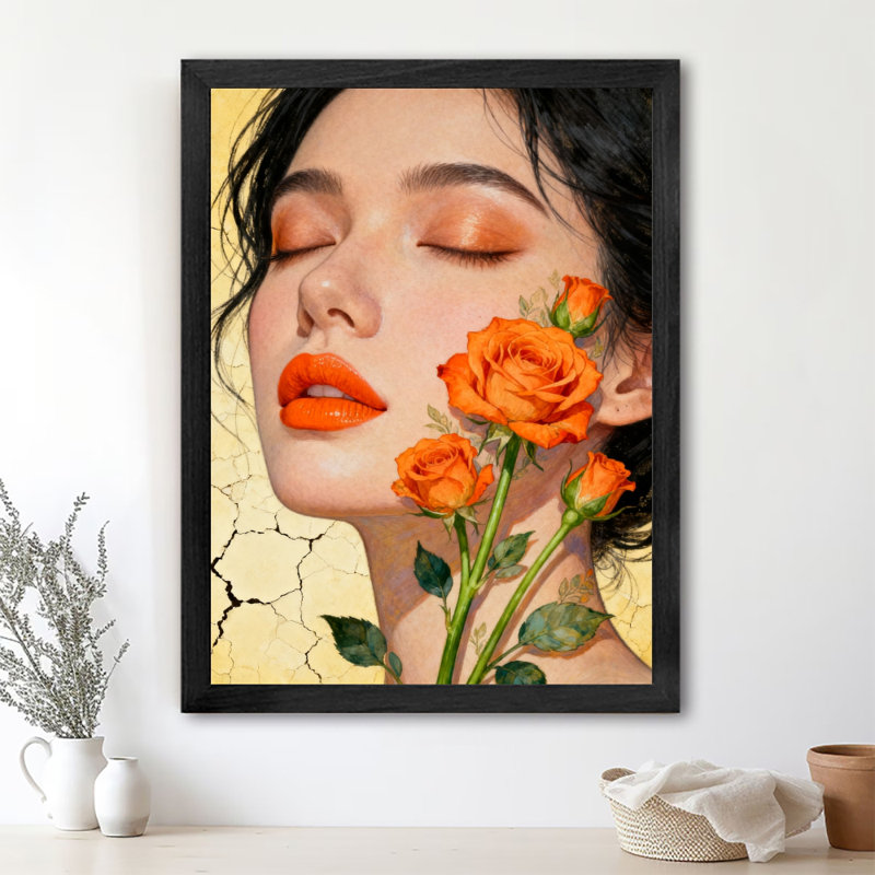 Reproduction d'art encadrée noire, lis orange et beauté rétro, H 11 po x l 9 po
