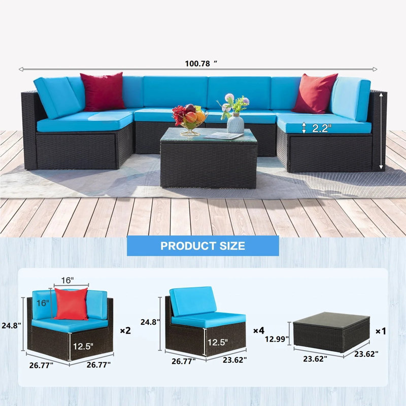 Ensemble de conversation modulaire en rotin 7 pièces avec coussins Bump, Bleu / Rouge