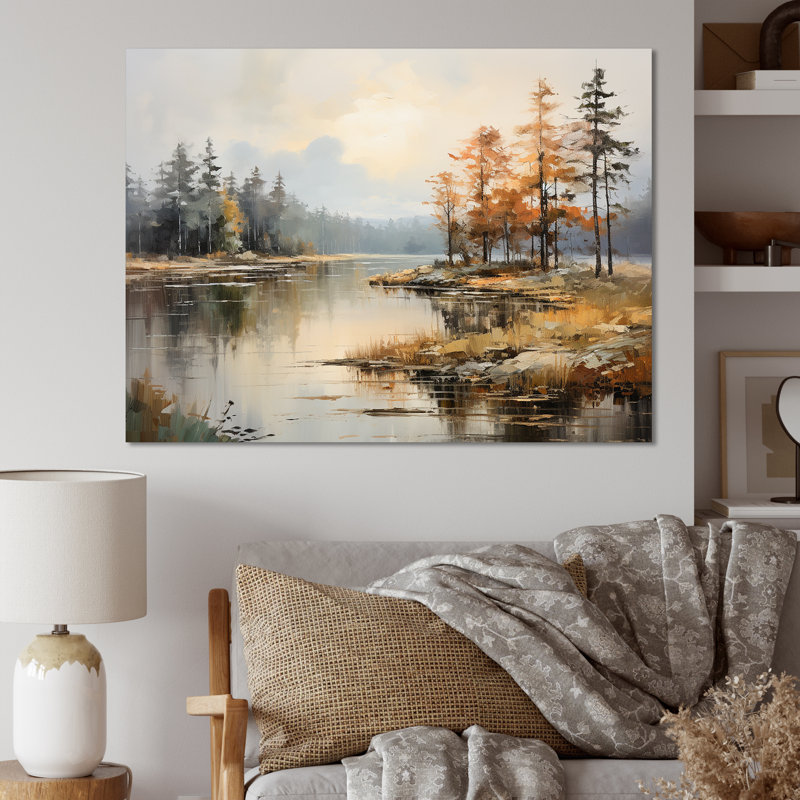 «Lakeside Fall Foliage Serenity II - Lake River», art mural, H 16 po x l 32 po x P 1 po, Toile tendue