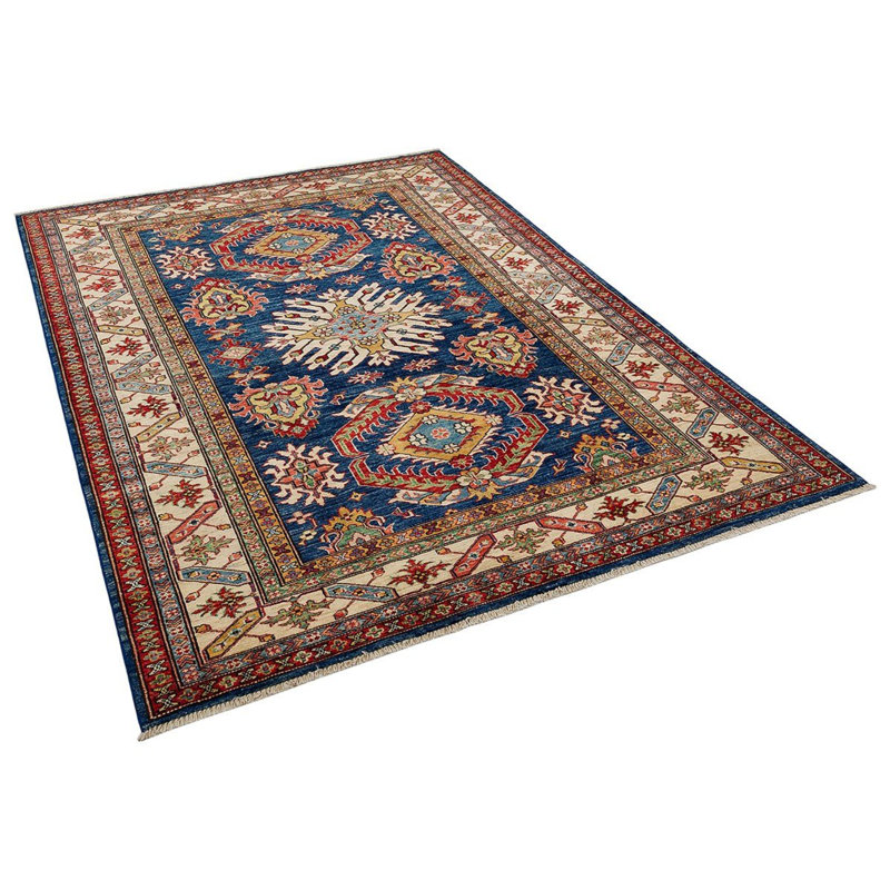 Tapis oriental floral en laine noué à la main de style afghan marine, brun, rouge et rouge