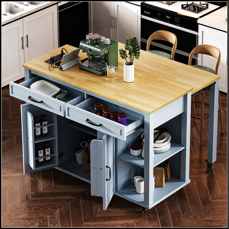 Îlot de cuisine extensible de 47 pouces avec rangement, station de recharge et conception mobile pour les cuisines modernes