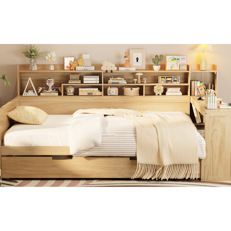 Lit de jour double en bois avec lit gigogne, bureau d'étude et rangement multicouche pour économiser de l'espace dans la chambre à coucher Cadre fonctionnel, lit gigogne, productivité de bureau