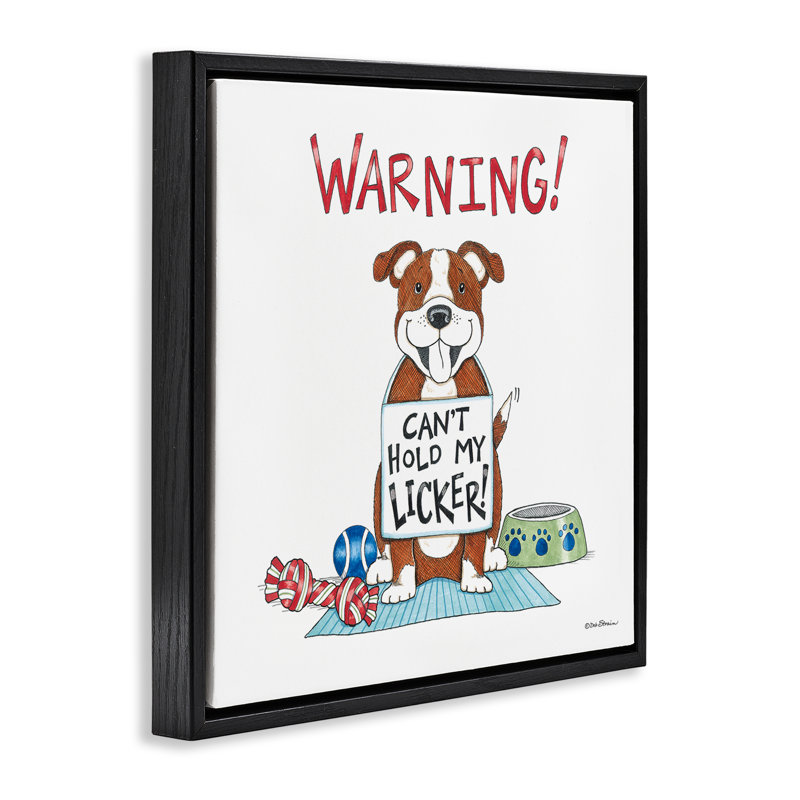 Drôle de canard «Licker Dog Floater» par Deb Strain, H 18 po x l 18 po, Cadre flottant noir