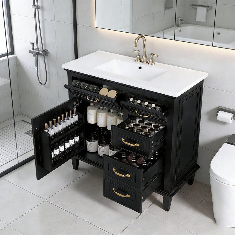 Bathroom Vanity with Sink, Flip Drawers and Adjustable Shelf, Black