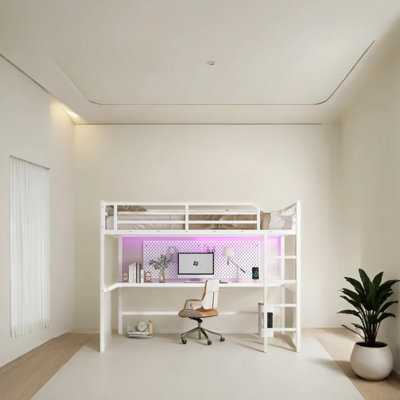 Metal Queen-size White Loft Bed With Electrical Outlets And Led Lights Saves Space And Reduces Noise