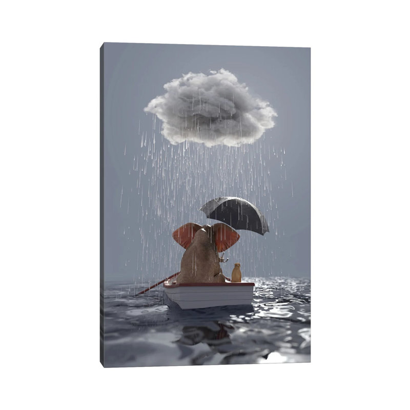 An Elephant And A Dog Float In A Boat In The Rain by Mike Kiev - Wrapped Canvas Gallery-Wrapped Canvas Giclée