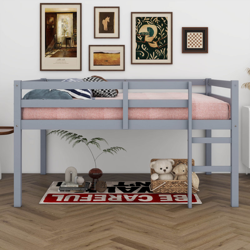 Lit mezzanine double avec échelle et garde-corps, cadre de lit bas avec espace de rangement, cadre de lit mezzanine en bois d'hévéa pour enfants adolescents