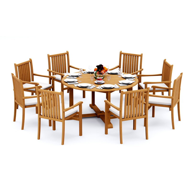 Ensemble de salle à manger 7 pièces en bois de teck de qualité A: table ronde de 60 po et 6 chaises empilables Angarano # 11CH1206