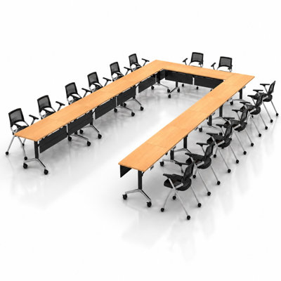 Tables de formation mobiles professionnelles avec alimentation intégrée et chaises de travail empilables | Ensemble de 7 tables et 14 chaises | Tables de formation pliantes et empilables de 203 cm (80 po) | Roulettes verrouillables | Mobilier pour salles de conférence et salles de classe | Hêtre 14 places