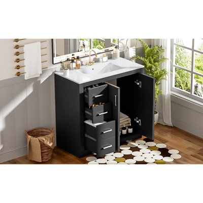 Meuble-lavabo de 36 po avec lavabo en céramique, rangement en bois massif, tiroirs, planches, beaucoup d'espace pour les articles de toilette, design rétro, poignées exquises, glissement en douceur, lavabo moderne de 36 po, articles de toilette