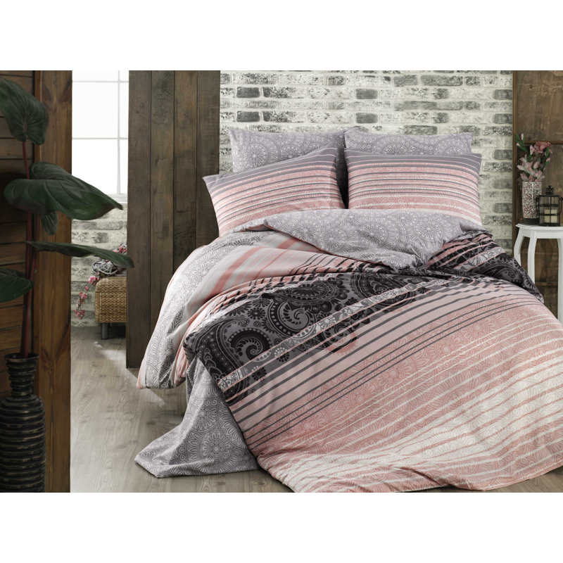 Ensemble de housse de couette 100% coton Turberville, Housse de couette double TG + 3 pièces supplémen, Rose / gris / noir