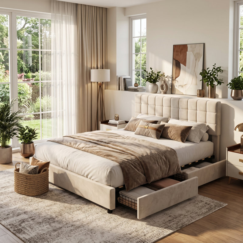 Structure de lit double avec 4 tiroirs de rangement et tête de lit tapissier, lit plateforme capitonné à canal vertical avec 12 lattes en bois - capacité de 800 lb, aucun sommier nécessaire