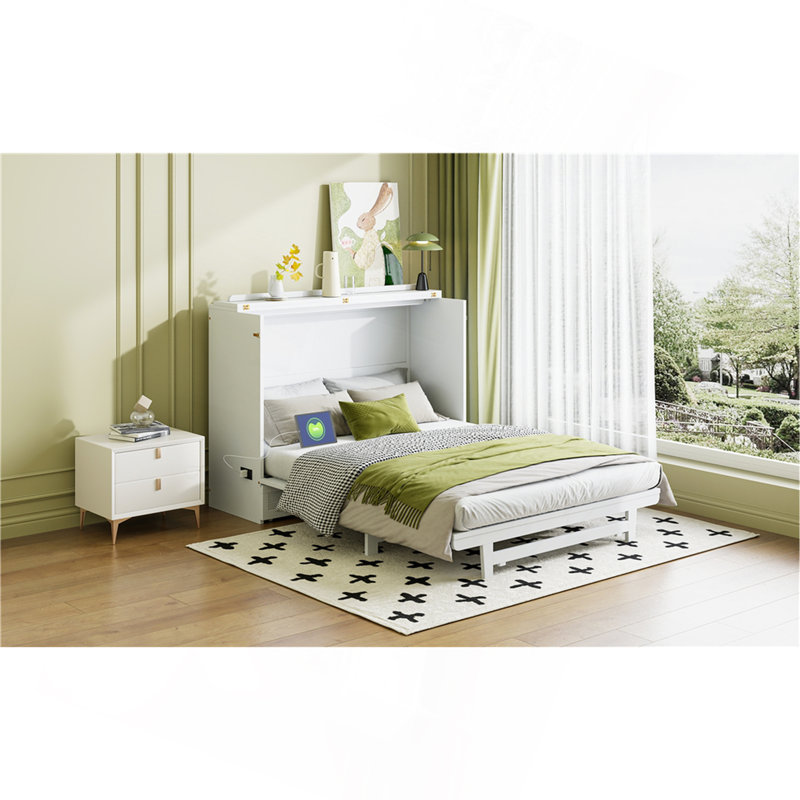 Lit escamotable double avec grand tiroir, ports et prises USB, blanc