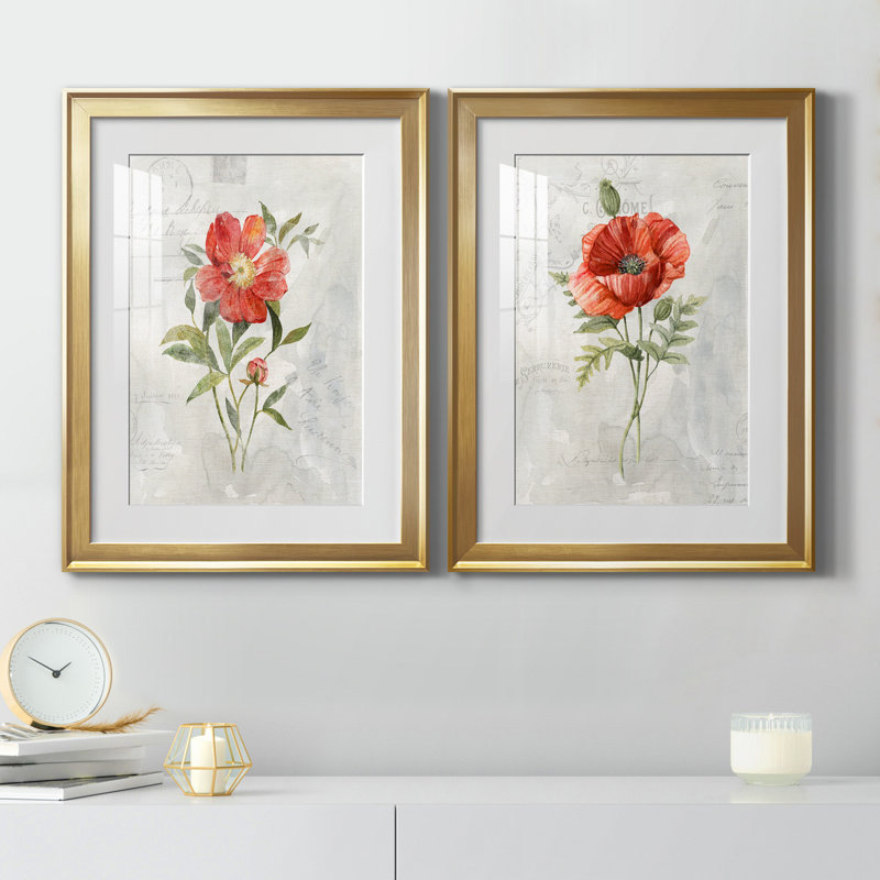 Lin pivoine - ensemble de 2 reproductions d'art, Papier encadré doré, Blanc, H 18,5 po x l 49 po x P 1,5 po