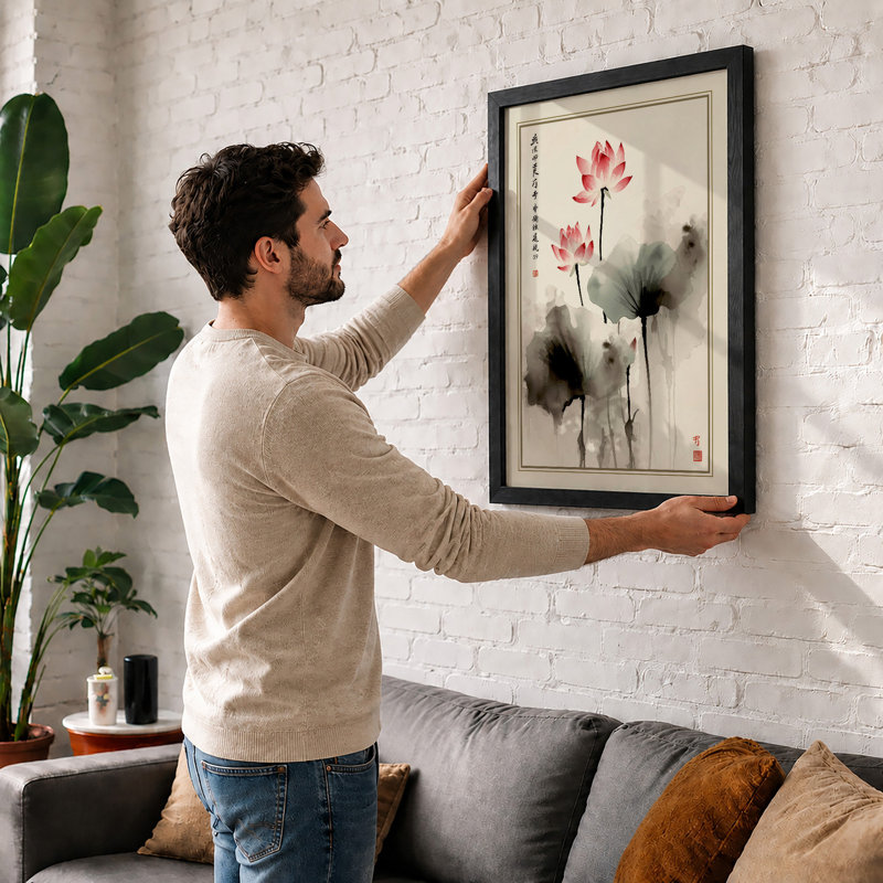 Lotus Flowers in Ink Japandi - Framed Print, A1 - 84.1 x 59.4 cm, Black