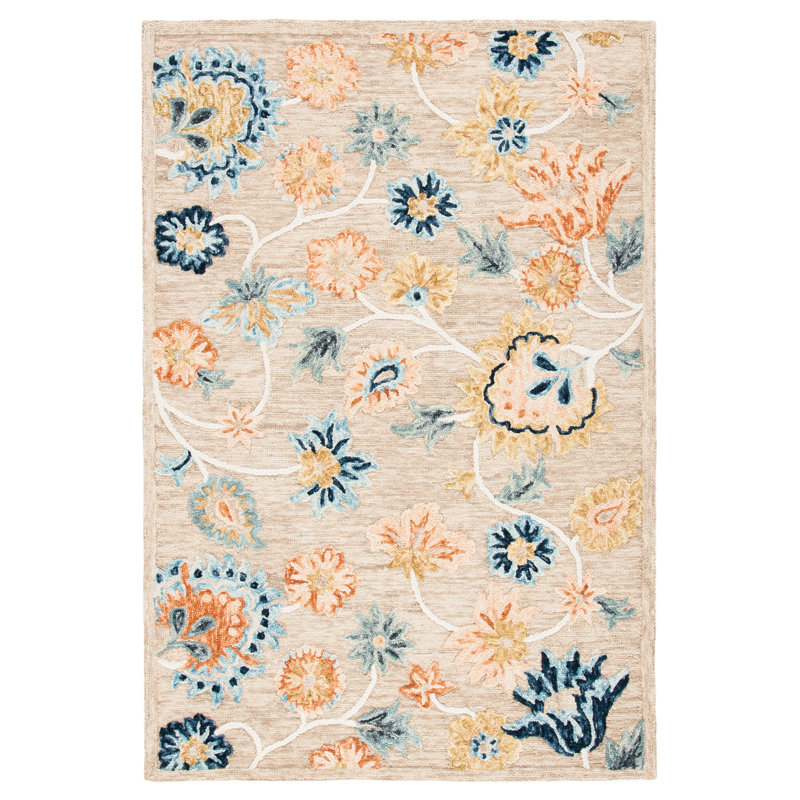 Camron Floral Handmade Tufted Wool Beige/Blue Area Rug, Rectangle 5' x 8'