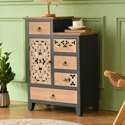 Fienley Farmhouse 21.6""W x 30.6""H x 11.8""D 1-Door Carved Wood Accent Chest With 5-Drawers, Rich Natural,Blue -  Red Barrel StudioÂ®, D28332194339478382C203C5E25EB169