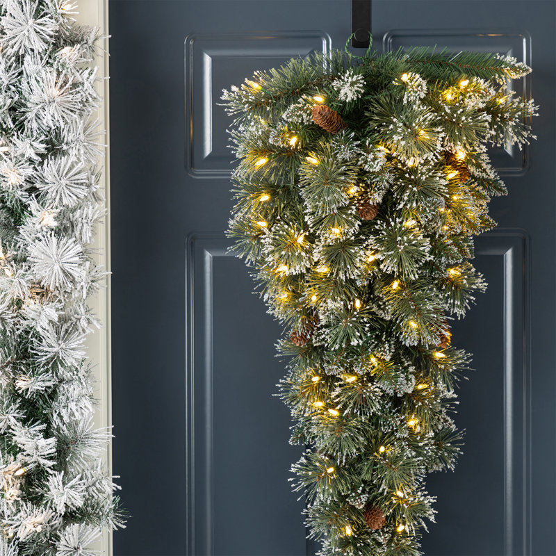 3Ft Pre-Lit Frosted Greenery Pinecones Christmas Teardrop With Lights And Timer