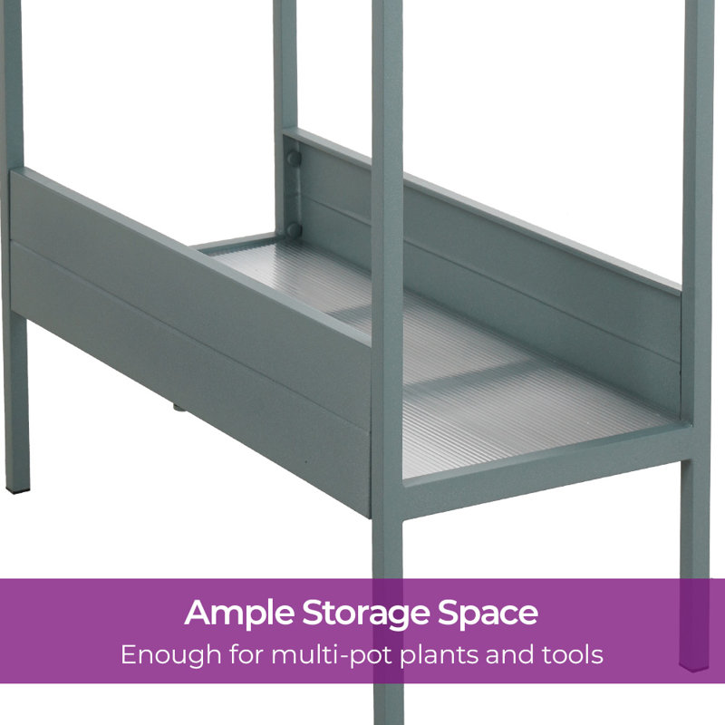 Outdoor Steel Planter Stand With Large Storage, Gray Green