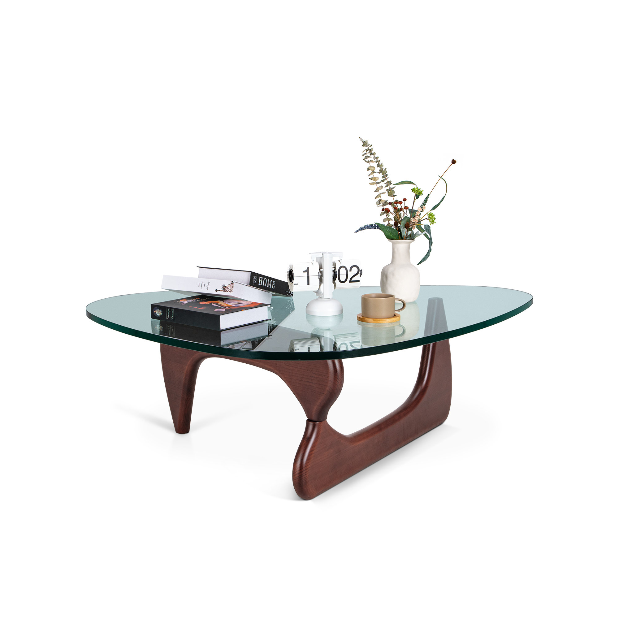Triangle Glass Coffee Table with Wooden Base Clear Glass Top Mid-Century Abstract Glass Table, Dark Walnut